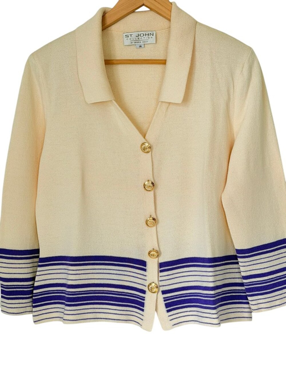 VTG St.John Collection Marie Gray Santana Knit Cardigan Cream Purple Stripe 14